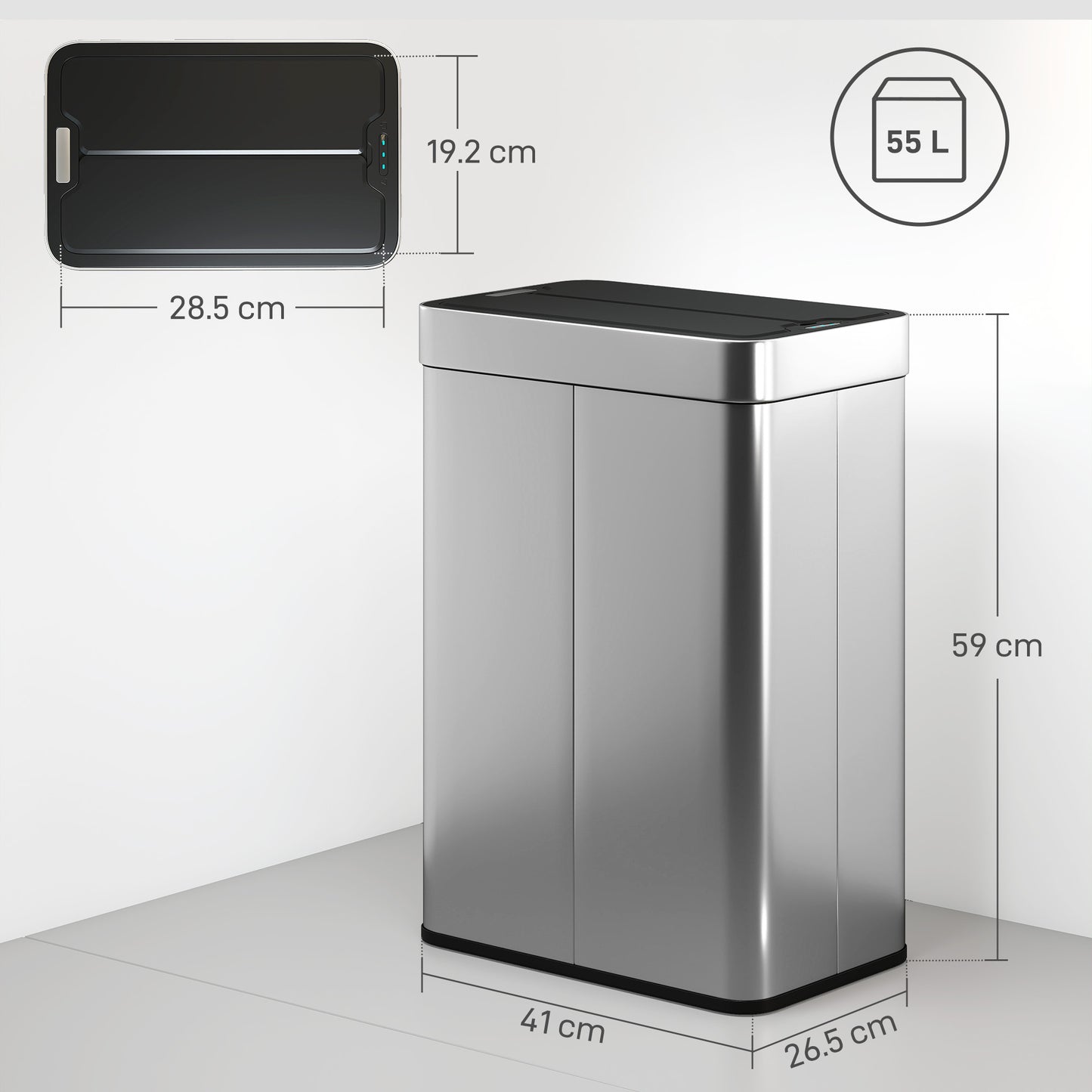 HOMCOM 55L Sensor Bin Large Automatic Touchless Rubbish Bin With Soft Close Lid Silver Tone