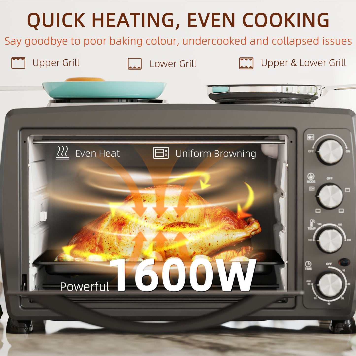 HOMCOM 36L Compact Oven With Dual Hot Plates, Countertop Toaster Oven For Grill, Bake, Roast, Boil, 2600W Black