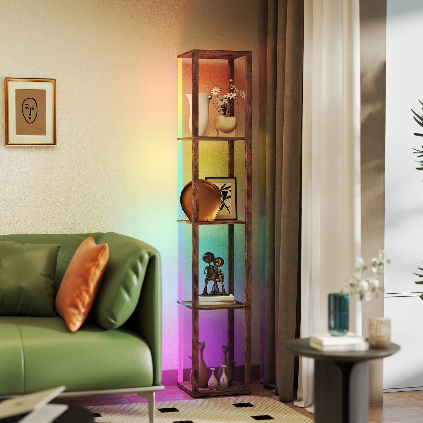 HOMCOM RGB LED Floor Lamp With Shelves, Modern Dimmable Standing Lamp With Remote Control Rustic Brown
