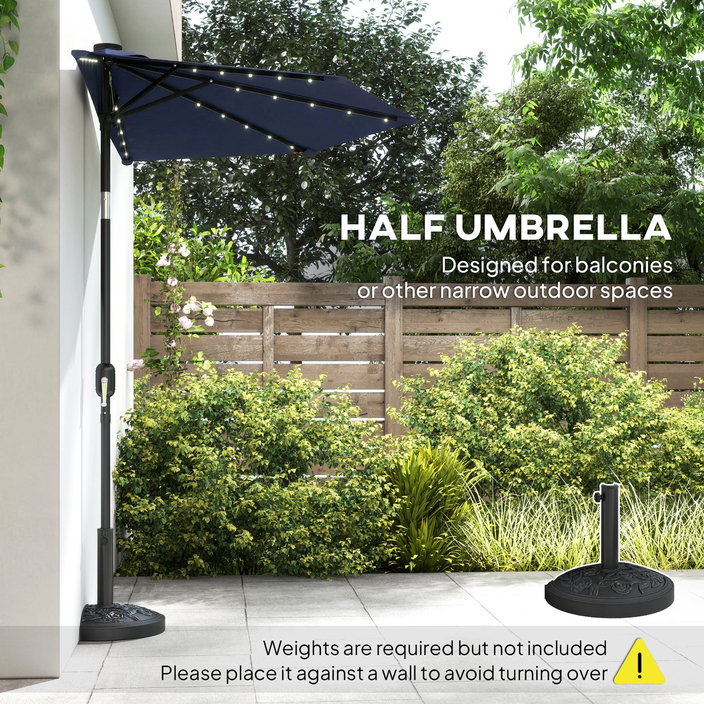 Outsunny 2.6m Half Garden Parasol With Solar LED Lights UPF50 Umbrella Semi Round Tilt 30 Degree Crank Handle Dark Blue