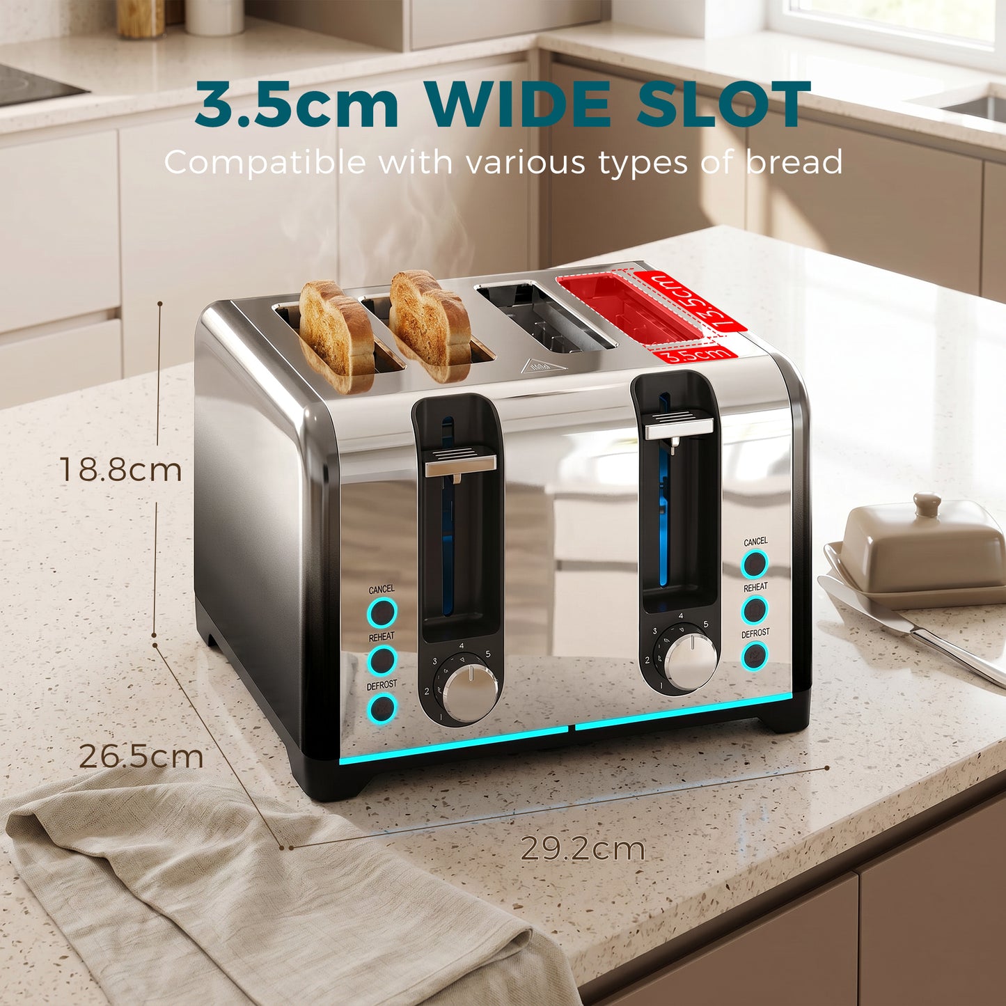 HOMCOM 4 Slice Toaster with 7 Browning Levels Reheat Defrost and Cancel Functions for Even Toasting