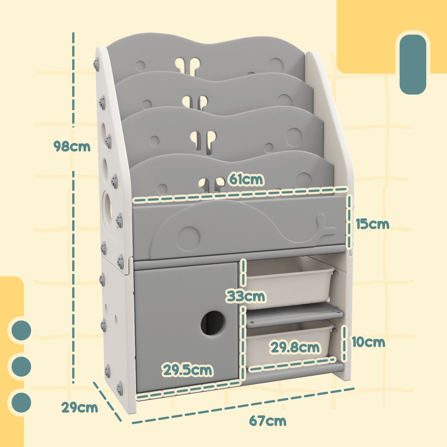 HOMCOM Light Grey 4-Tier Kids Storage Unit with 2 Boxes and Cabinet, 67 x 29 x 98cm - ALL4U RETAILER LTD