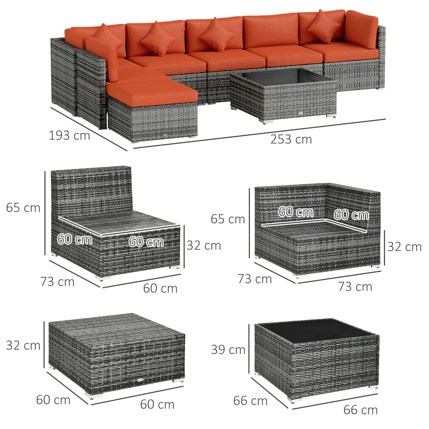 Outsunny Eight Piece Rattan Outdoor Corner Sofa Set Orange Grey With Steel Frame And Durable Wicker