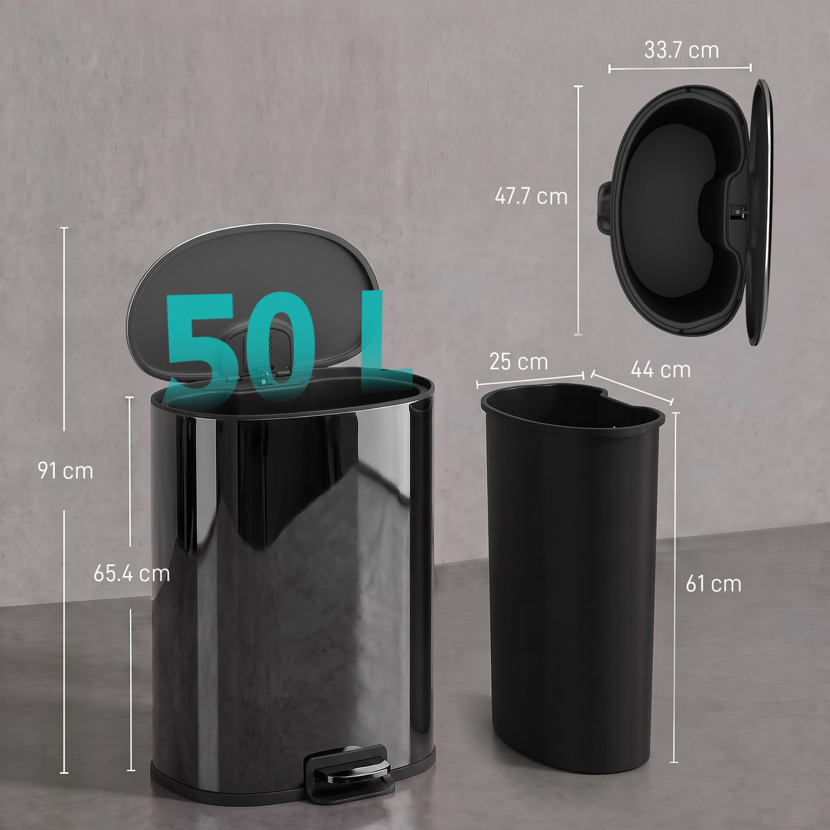 Kitchen pedal bin size diagram with open lid, pedal base, and inner bucket