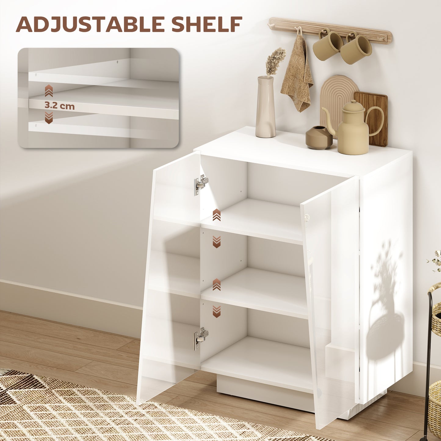 HOMCOM High Gloss Storage Cabinet Freestanding Cupboard With Adjustable Shelves For Living Room Bedroom Hallway White