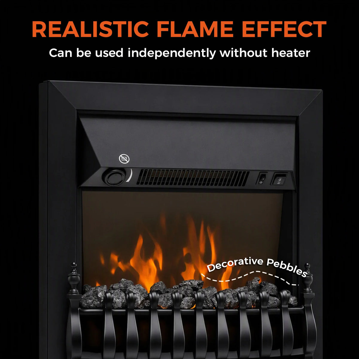 Electric fireplace stove with realistic LED flame effect and decorative pebble bed