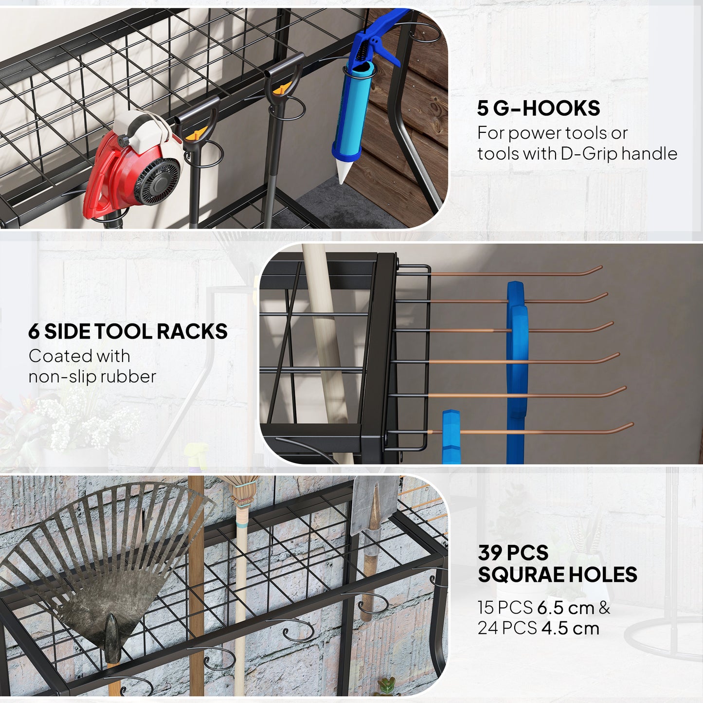 Outsunny 3 Tier Garden Tool Storage Rack With 11 Hooks Holds 20 Tools For Long Handled Brooms Shovels Rakes Garage