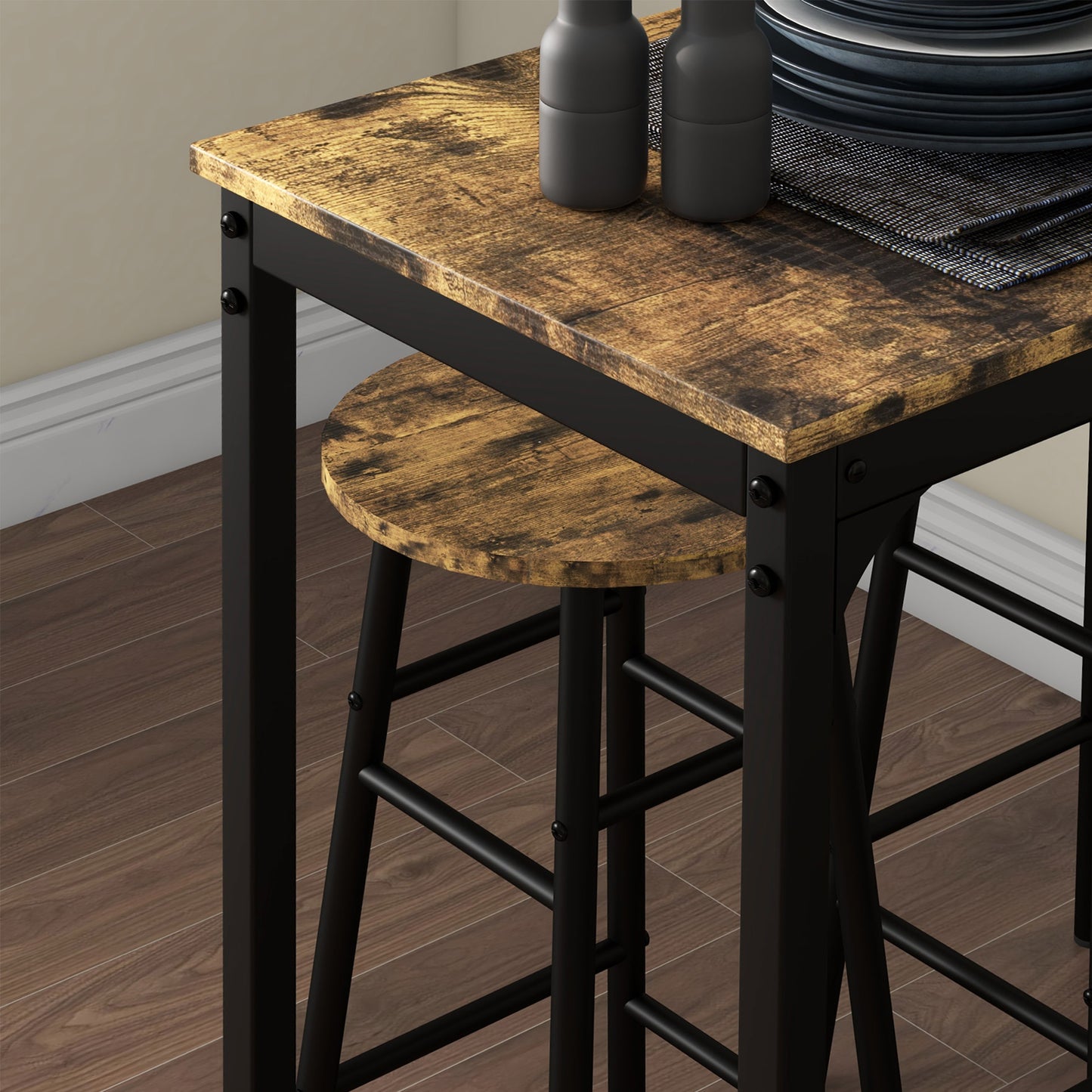 HOMCOM 3 Piece Bar Table Set With 2 Stools Industrial Rustic Brown Dining Table And Chair Set