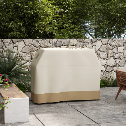 Beige PU-coated grill cover with fitted hood and secure drape for outdoor protection