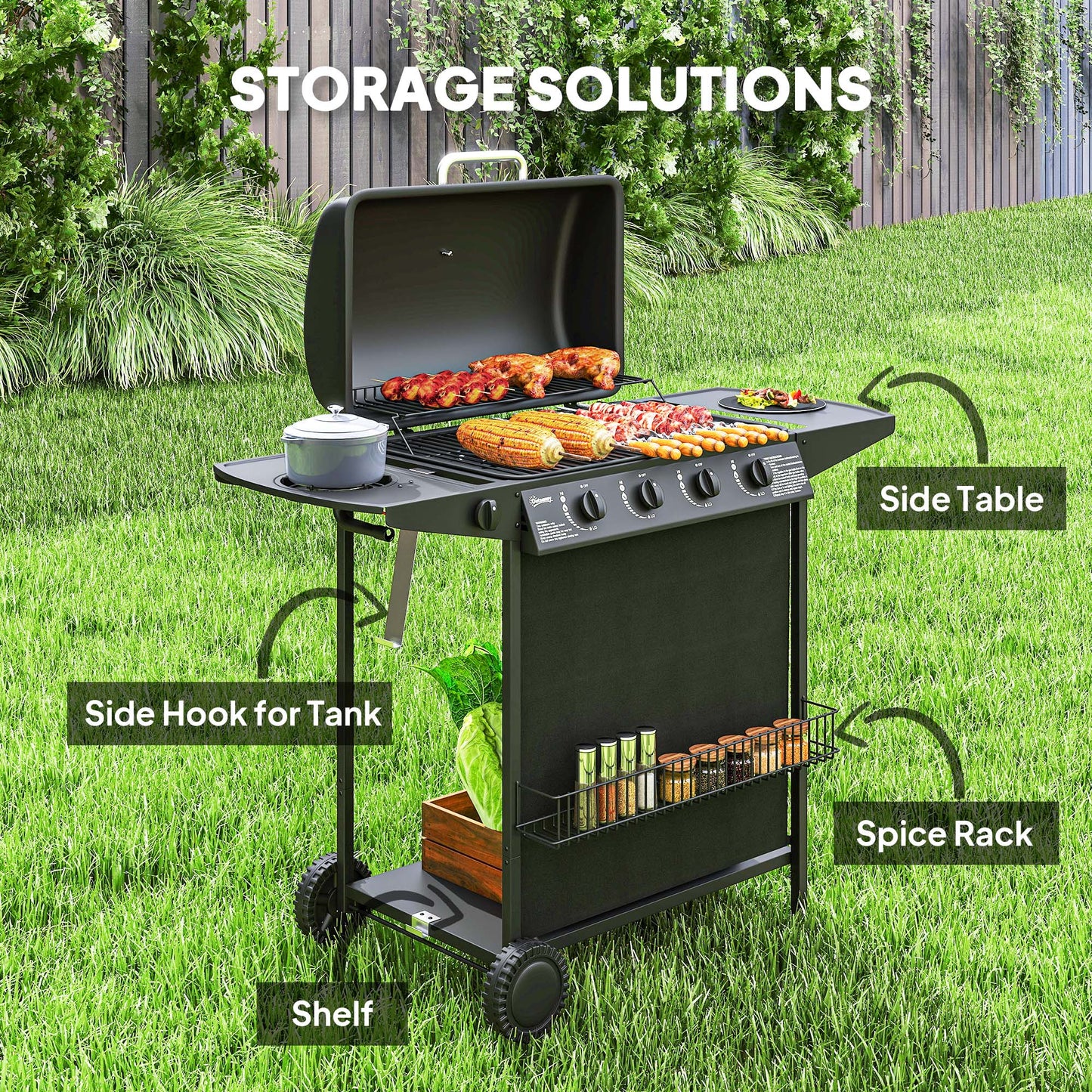 Outsunny Portable Gas BBQ Grill With Built In Thermometer Lid Side Table Shelf Spice Rack Wheels Grease Cup Black
