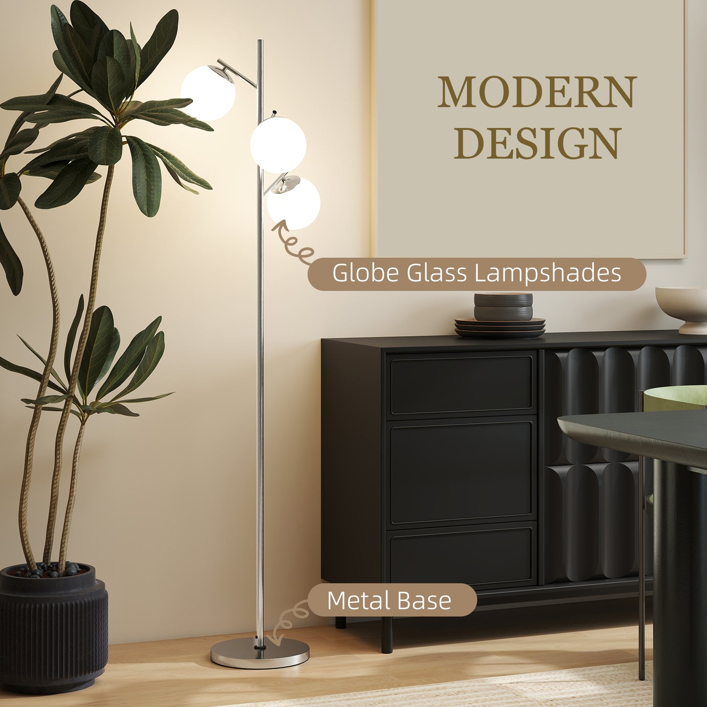 HOMCOM 3 Light Tree Floor Lamp With Globe Shades Modern Standing Lamp Living Room Bedroom 3000K 4000K 6000K Silver Tone