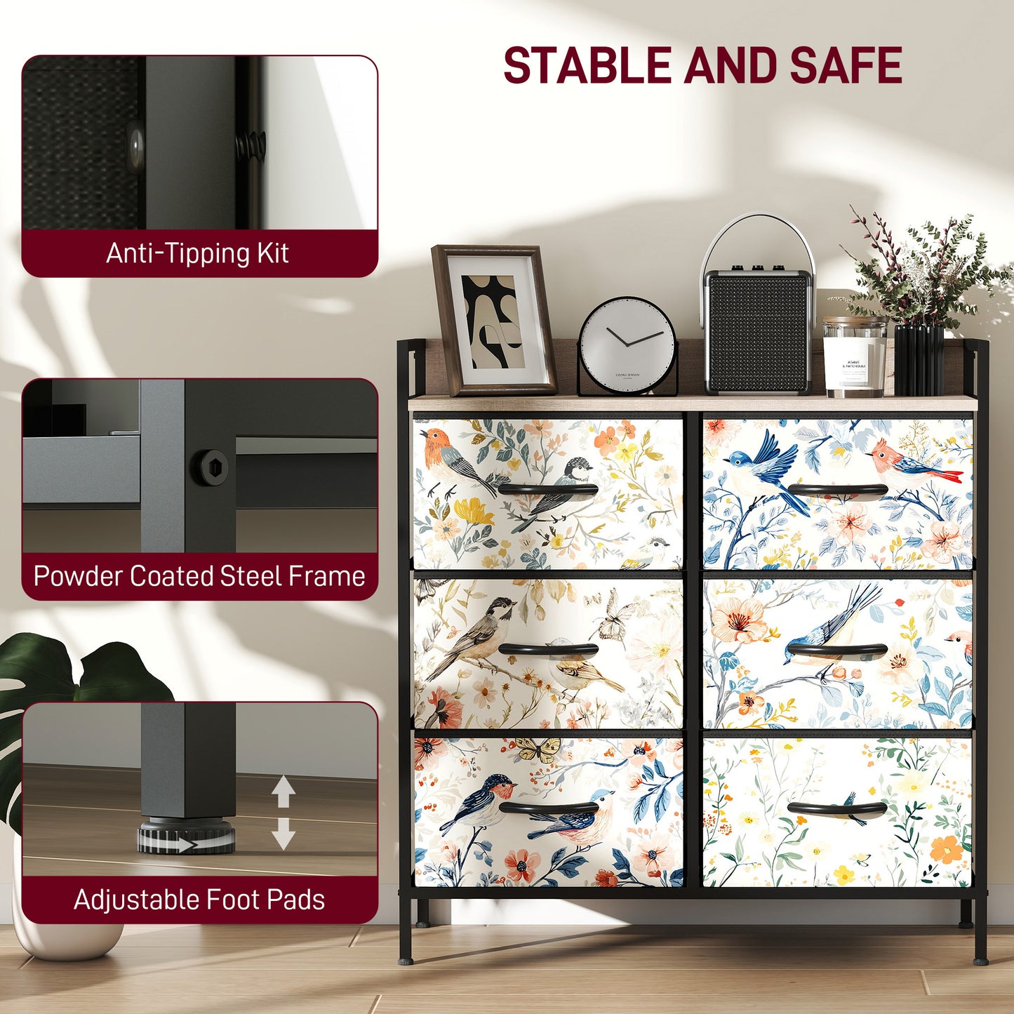 HOMCOM 6 Drawer Fabric Chest of Drawers White with Removable Foldable Drawers and Patterned Panels
