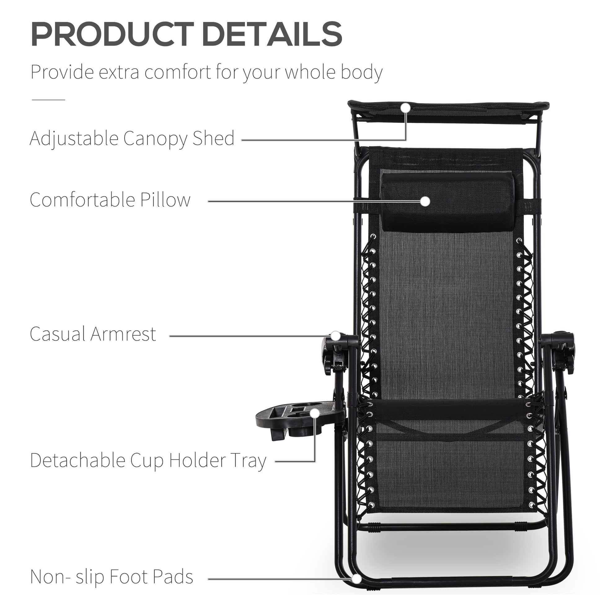 Outsunny Set of 2  Zero Gravity Reclining Garden Chairs with Adjustable Headrest and Side Tray - ALL4U RETAILER LTD