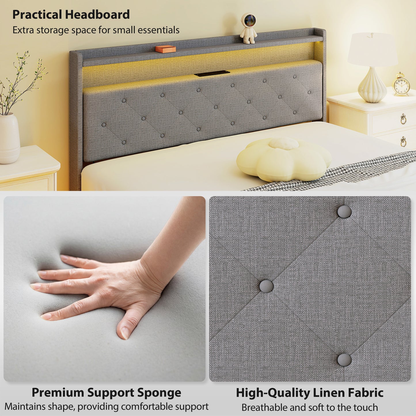 HOMCOM Floating Bed Frame With Upholstered Headboard King Size 5Ft Platform Bed RGB LED Lights And Charging Station Grey