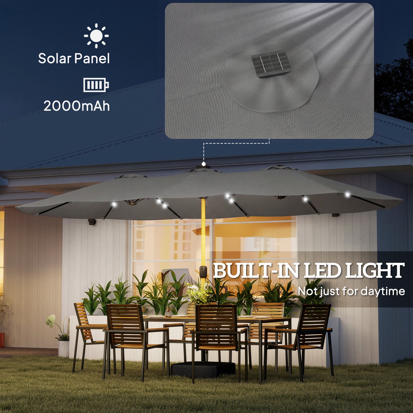 Outsunny Double Sided Garden Parasol With Base Included 48 Solar LED Lights Patio Umbrella Crank Handle 4.6m Light Grey