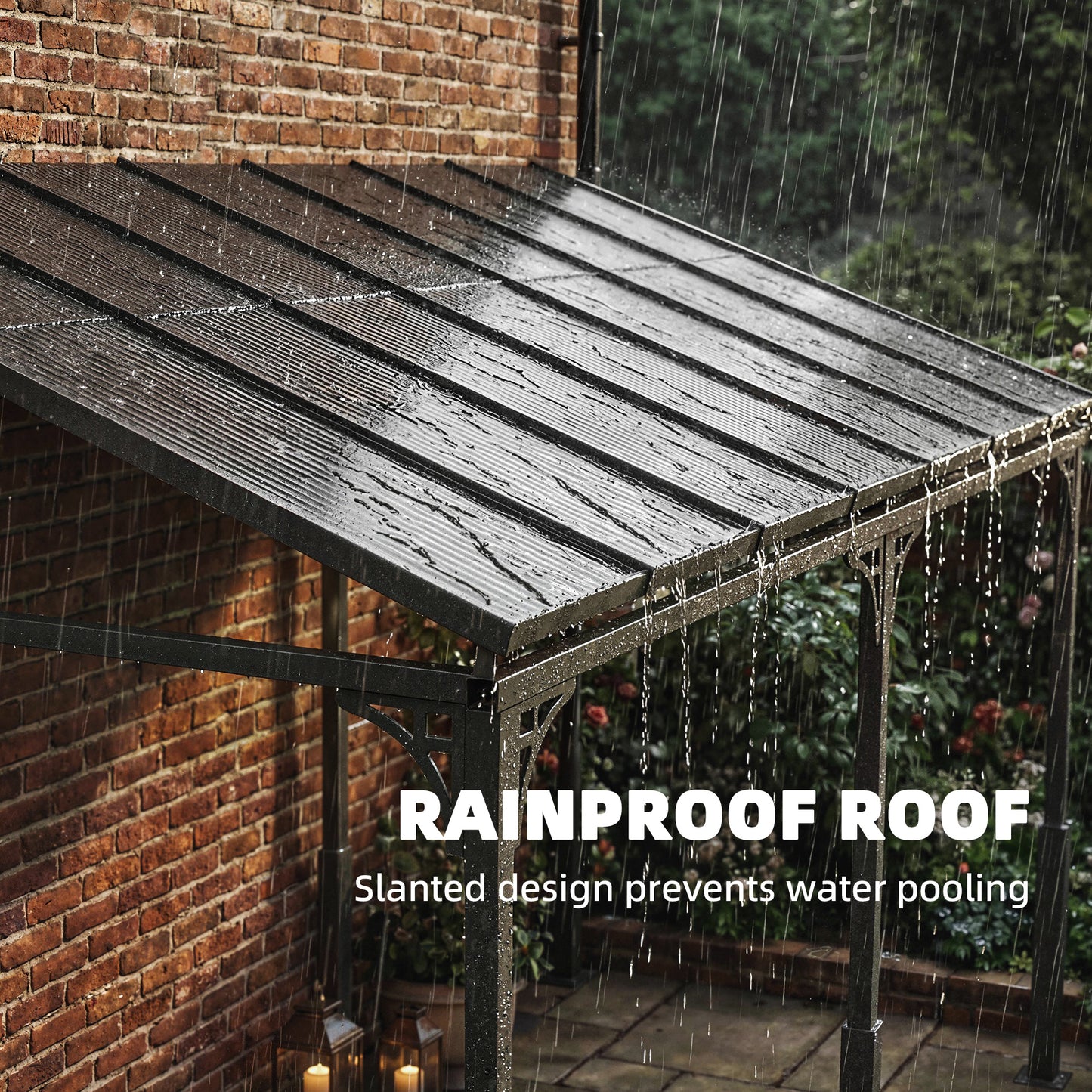 Outsunny 4 x 3 m Metal Lean To Pergola With Polycarbonate Roof Wall Mounted Garden Gazebo Brown