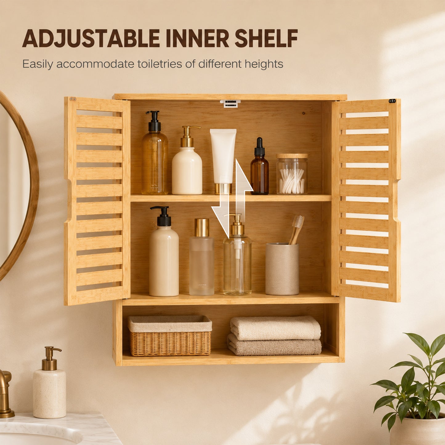 HOMCOM Bathroom Wall Cabinet Wall Mounted With 2 Louvered Doors Open Shelf And Adjustable Shelf Storage