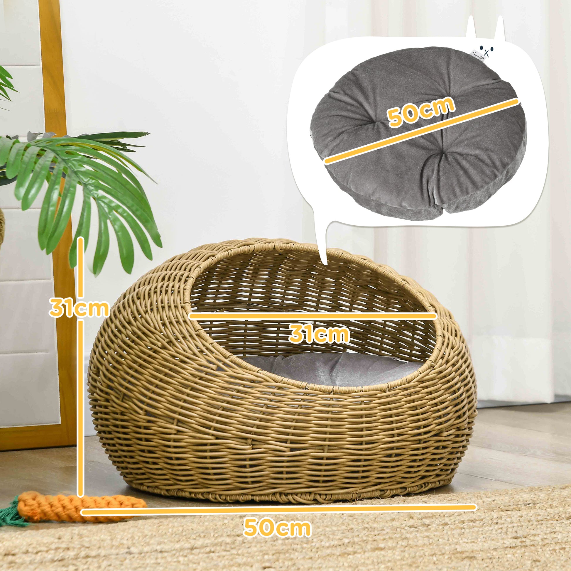 PawHut Wicker Cat Bed with Washable Cushion for Indoor Use, Light Brown - ALL4U RETAILER LTD