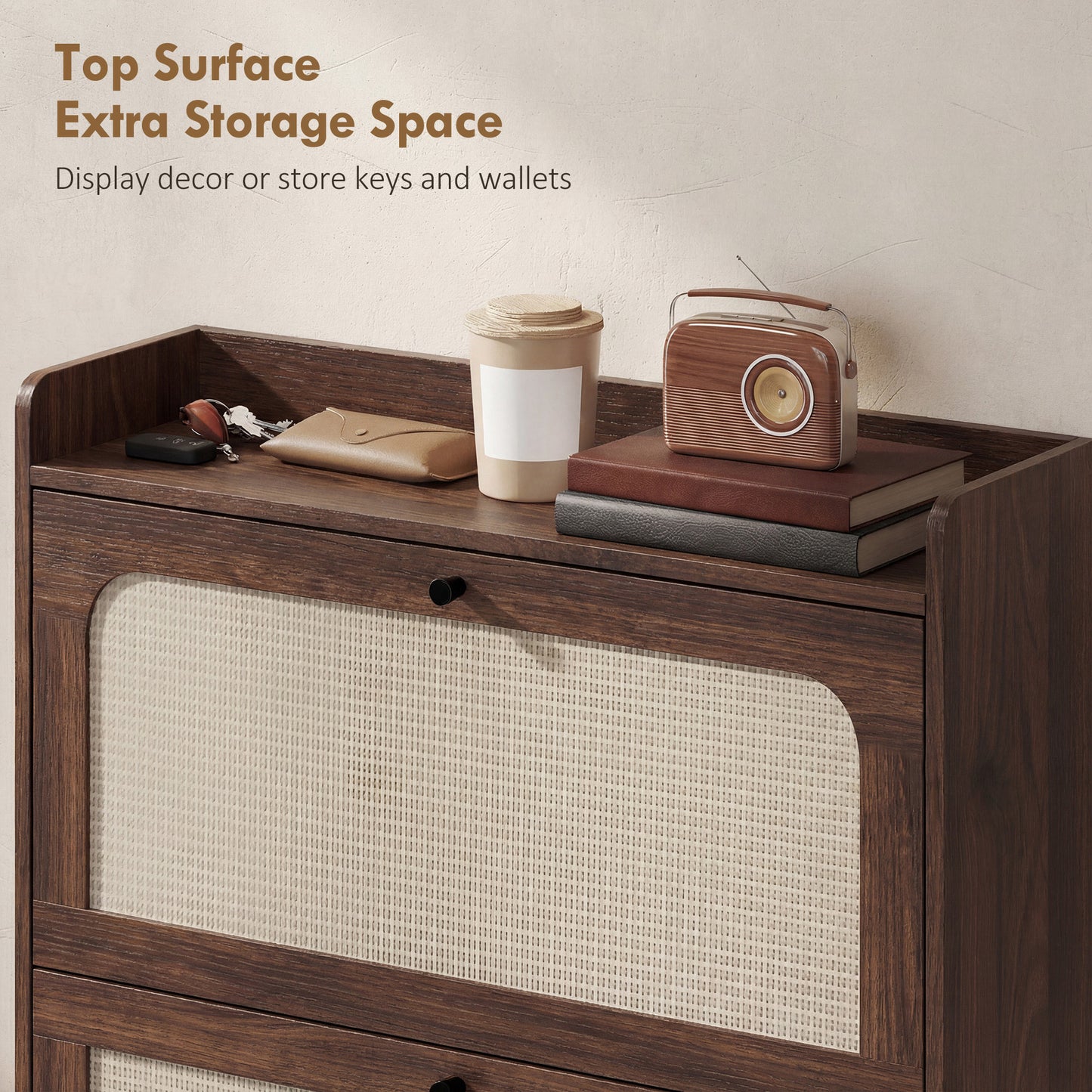 HOMCOM Narrow Shoe Cabinet With 2 Flip Drawers Boho Style Dark Brown Hallway Storage Adjustable Shelves