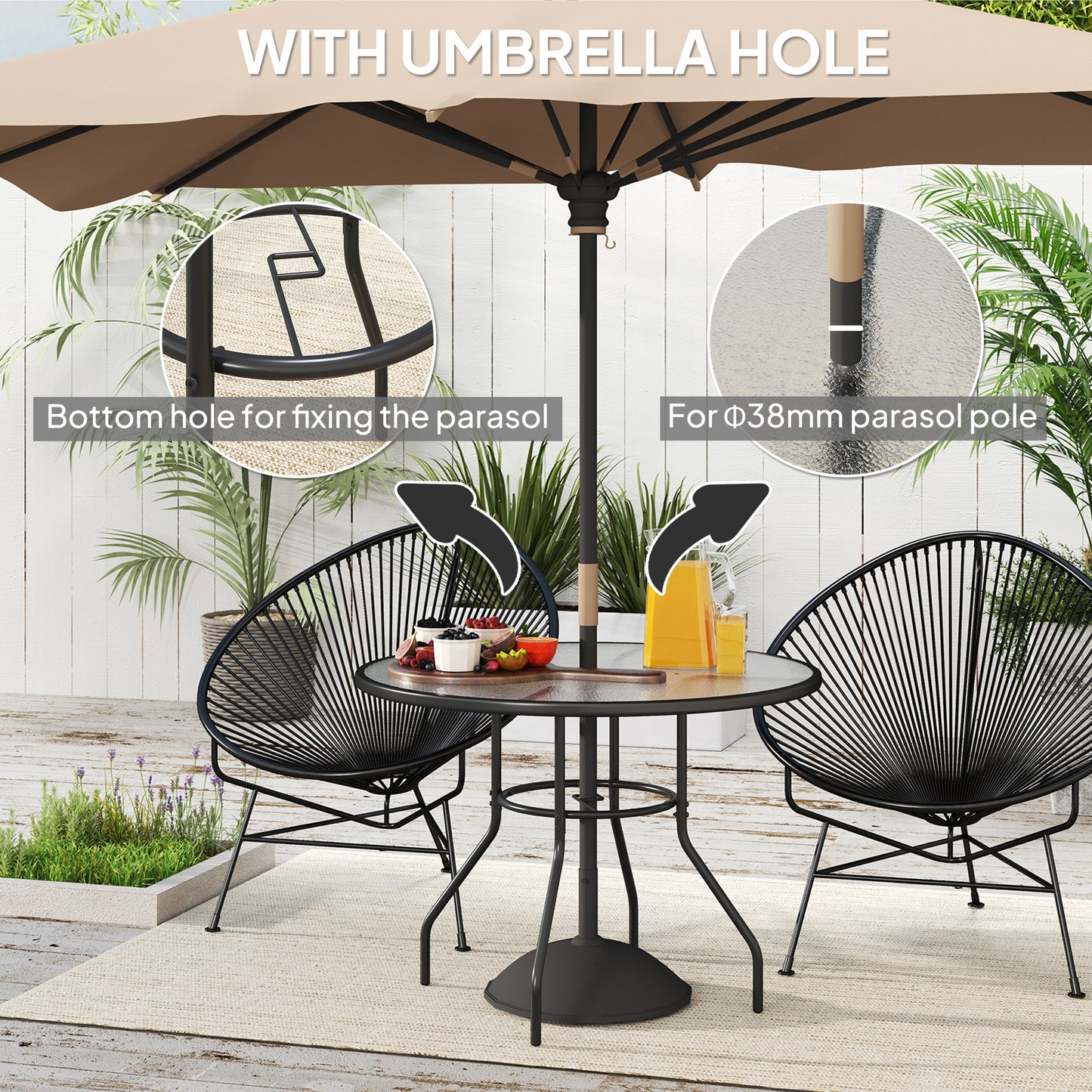 Outsunny Glass Top Outdoor Garden Table with Parasol Hole Black Steel Frame Tempered Glass Bistro Table for Patio