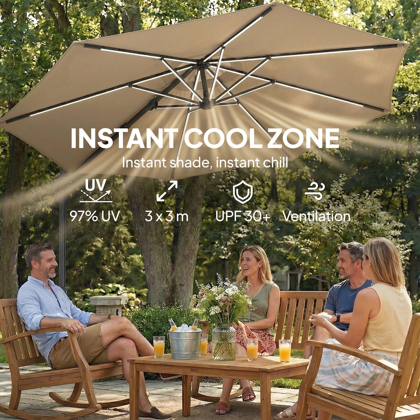 Outsunny Three Meter Cantilever Parasol With LED Solar Lights Round Umbrella 360 Degree Rotation Khaki Cover