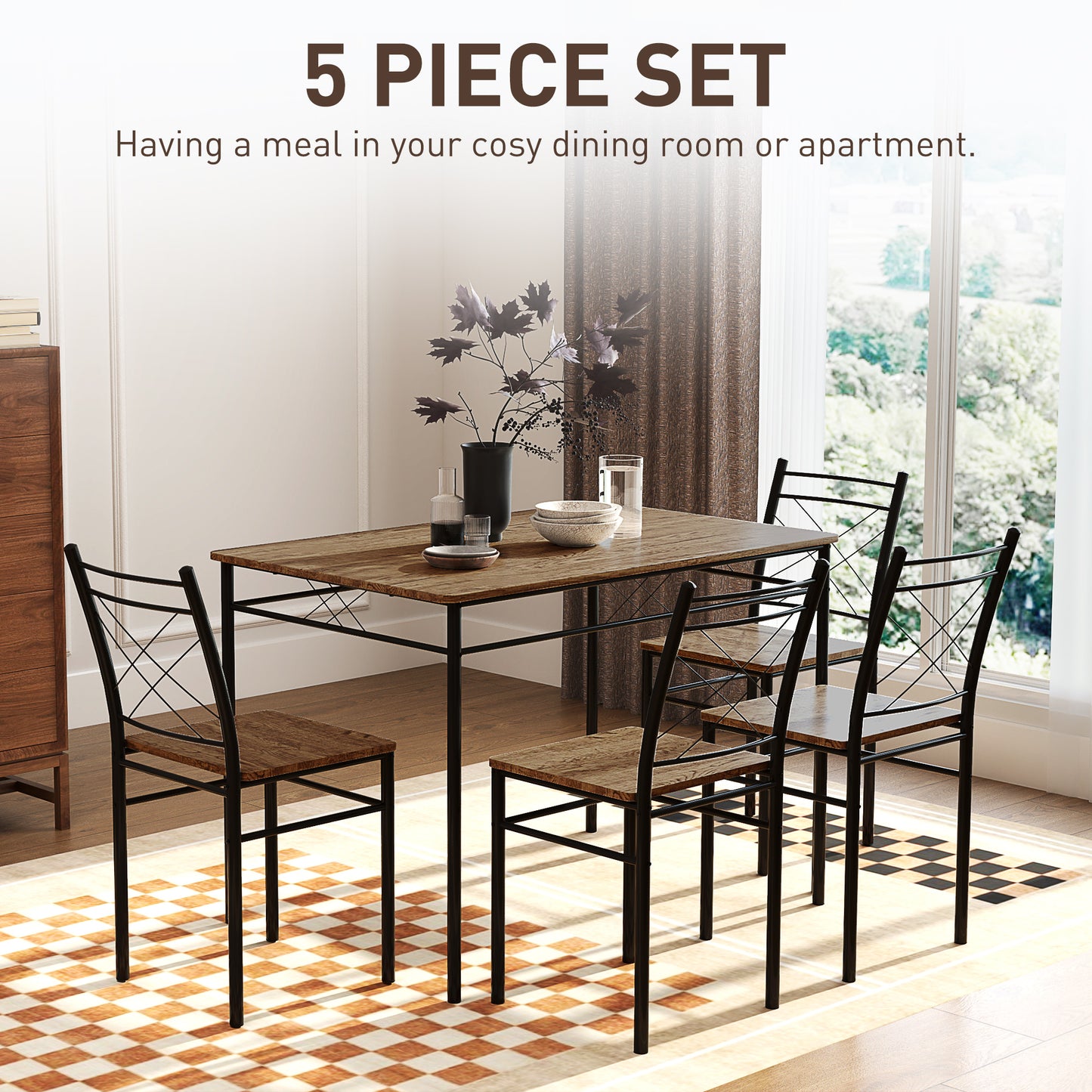 HOMCOM Five-Piece Minimal Dining Set With Black Metal Frames And Oak-Effect Table And Chairs
