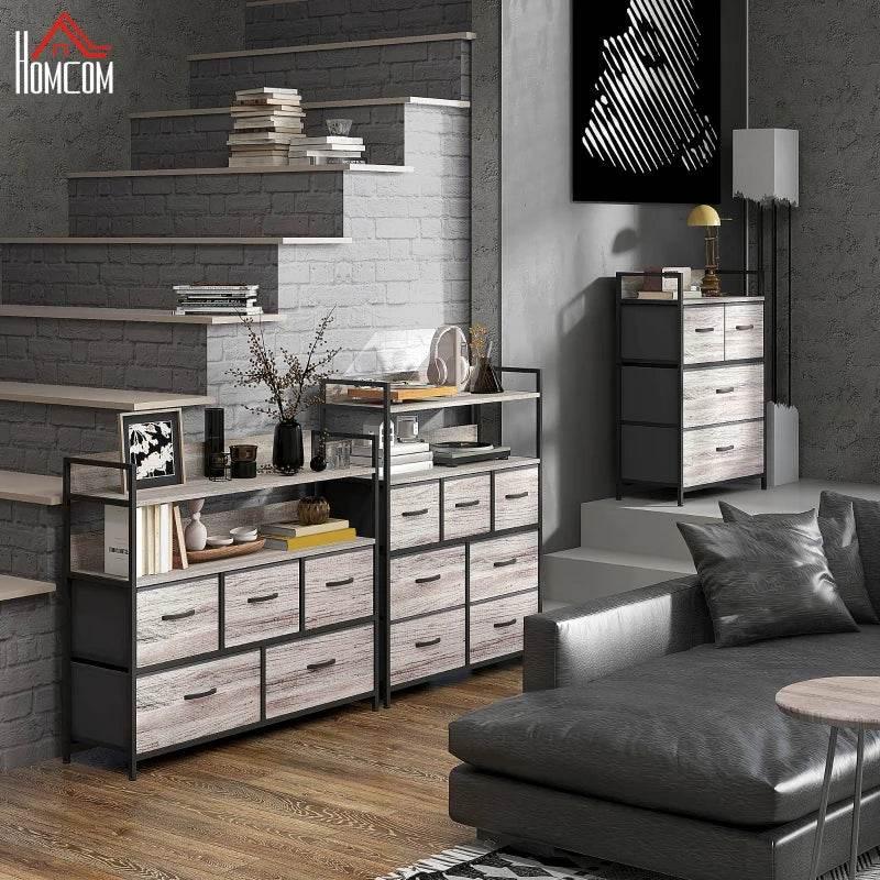 Rustic chest of seven fabric drawers with grey wood-effect panels and black frame