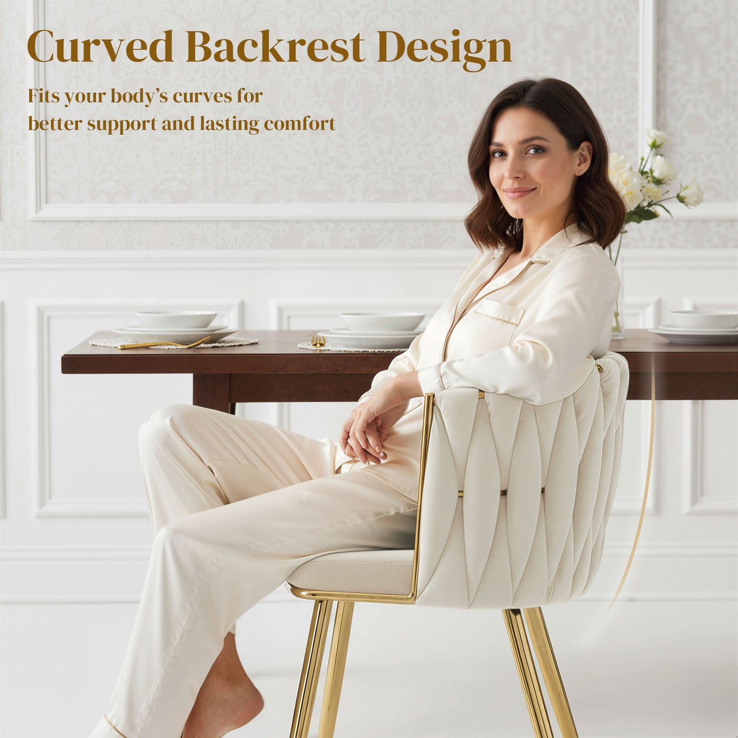 HOMCOM Velvet Feel Dining Chairs Set Of 2 With Knot Back And Gold Metal Legs Modern Upholstered Armchairs Cream