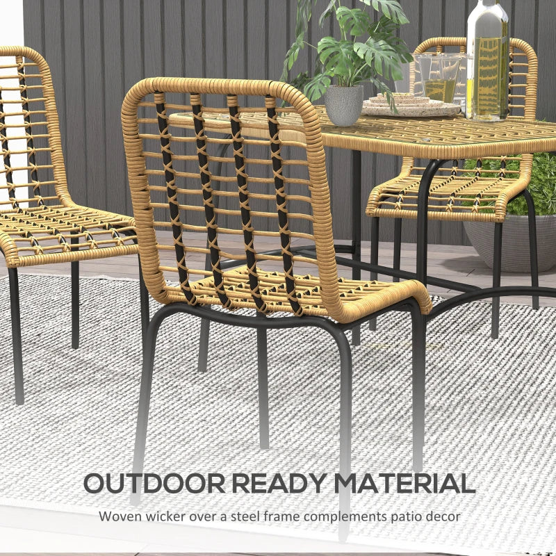 Outsunny 5-Piece Rattan Outdoor Dining Set - Patio Conservatory Furniture with Tempered Glass Tabletop and Hollowed-Out Design, Natural Wood Finish - ALL4U RETAILER LTD