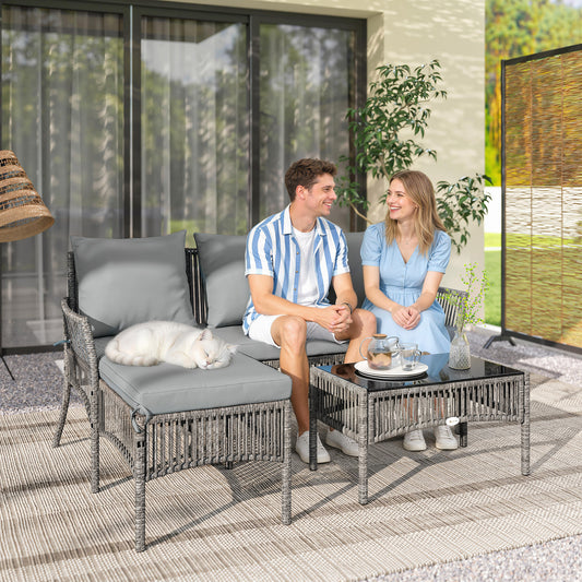 Outsunny 3 Piece Rattan Garden Furniture Set Corner Sofa With Chaise Lounge And Glass Coffee Table Dark Grey Cushions