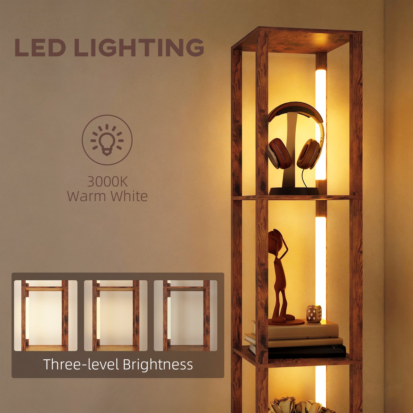 HOMCOM Floor Lamp With Shelves LED Column Standing Fabric Drawer Adjustable Brightness Foot Switch Rustic Brown