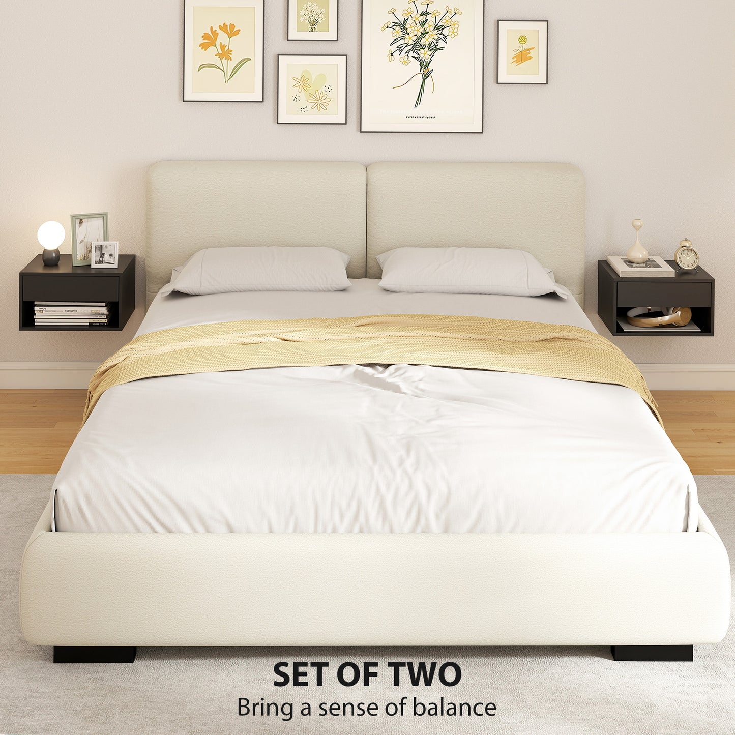 HOMCOM Floating Bedside Tables Set of Two Wall Mounted Nightstands Black Finish With Drawer and Open Shelf Space Saving