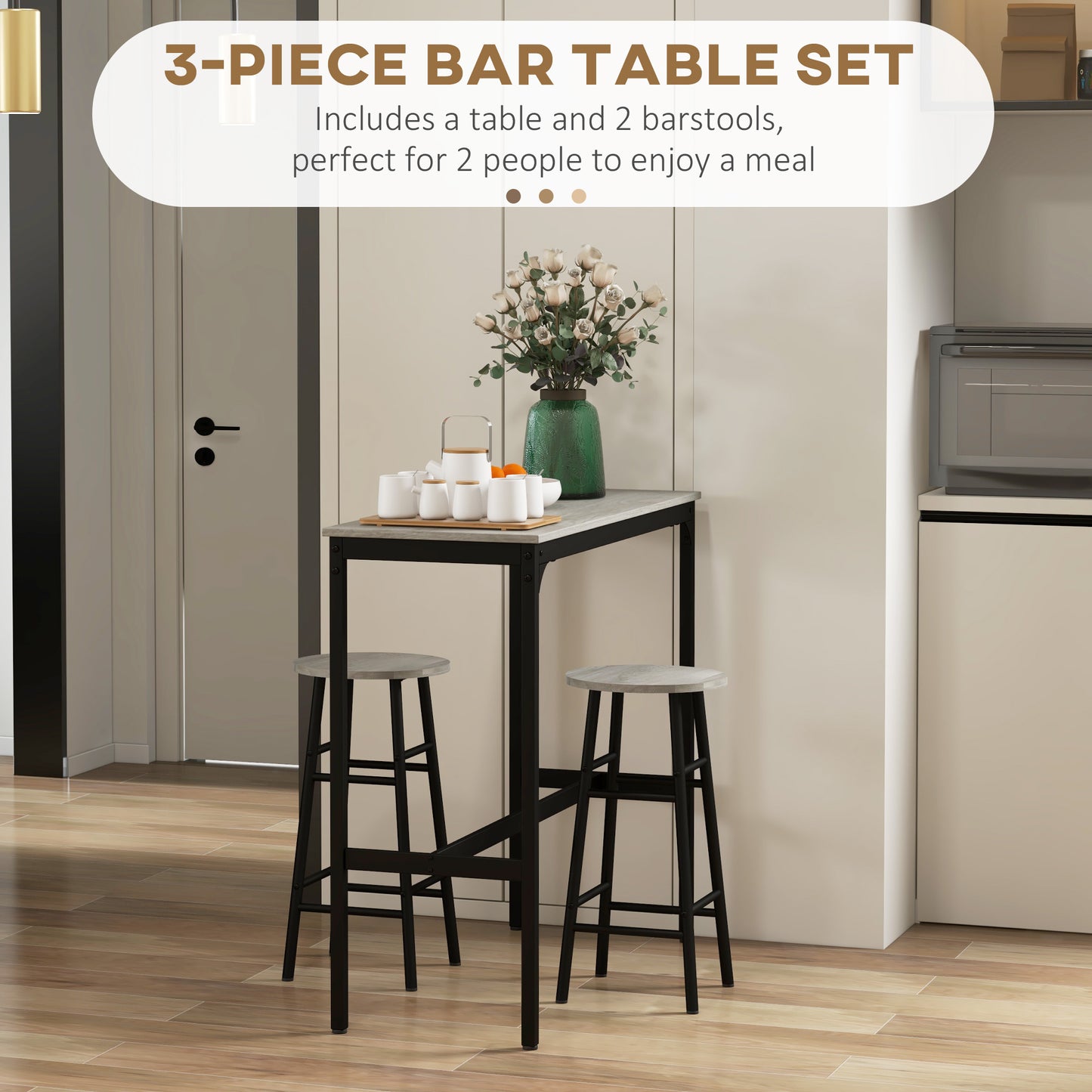 HOMCOM 3 Piece Bar Table Set With 2 Stools Industrial Grey Dining Table And Chair Set
