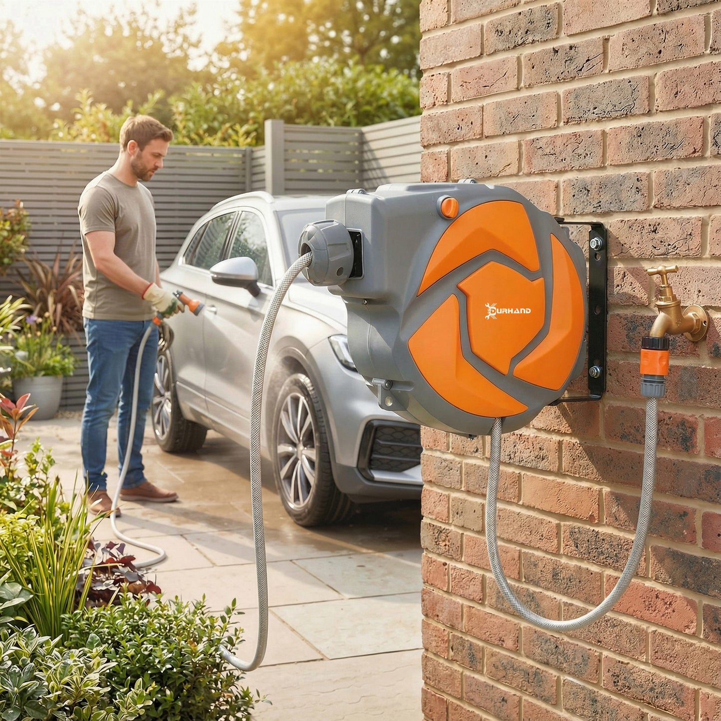 Durhand 10m Garden Hose Reel Wall Mounted Auto Rewind With 7 Pattern Spray Nozzle Orange Includes Wall Fixings