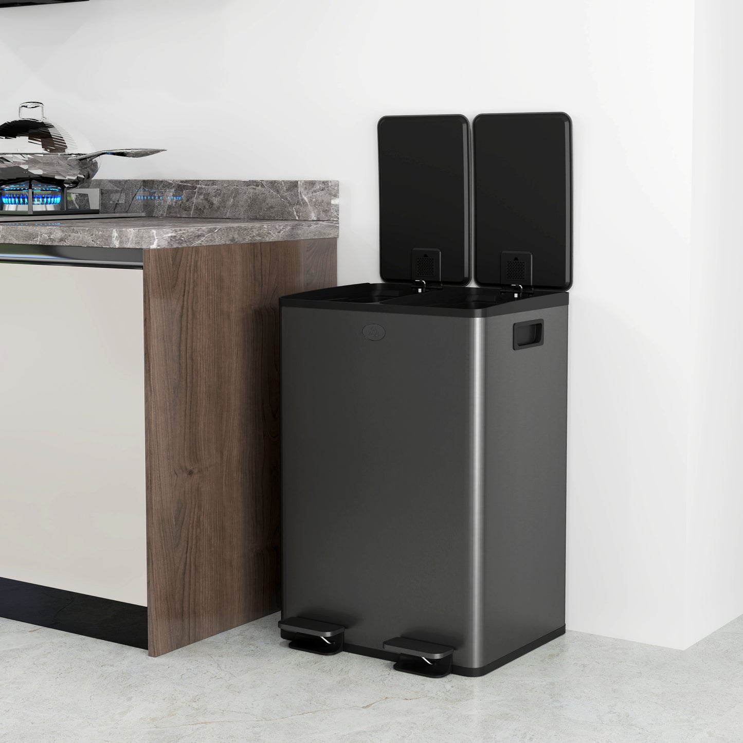 HOMCOM 56L Dual Compartment Stainless Steel Bin With Deodoriser Holders And Pedal Lid Black