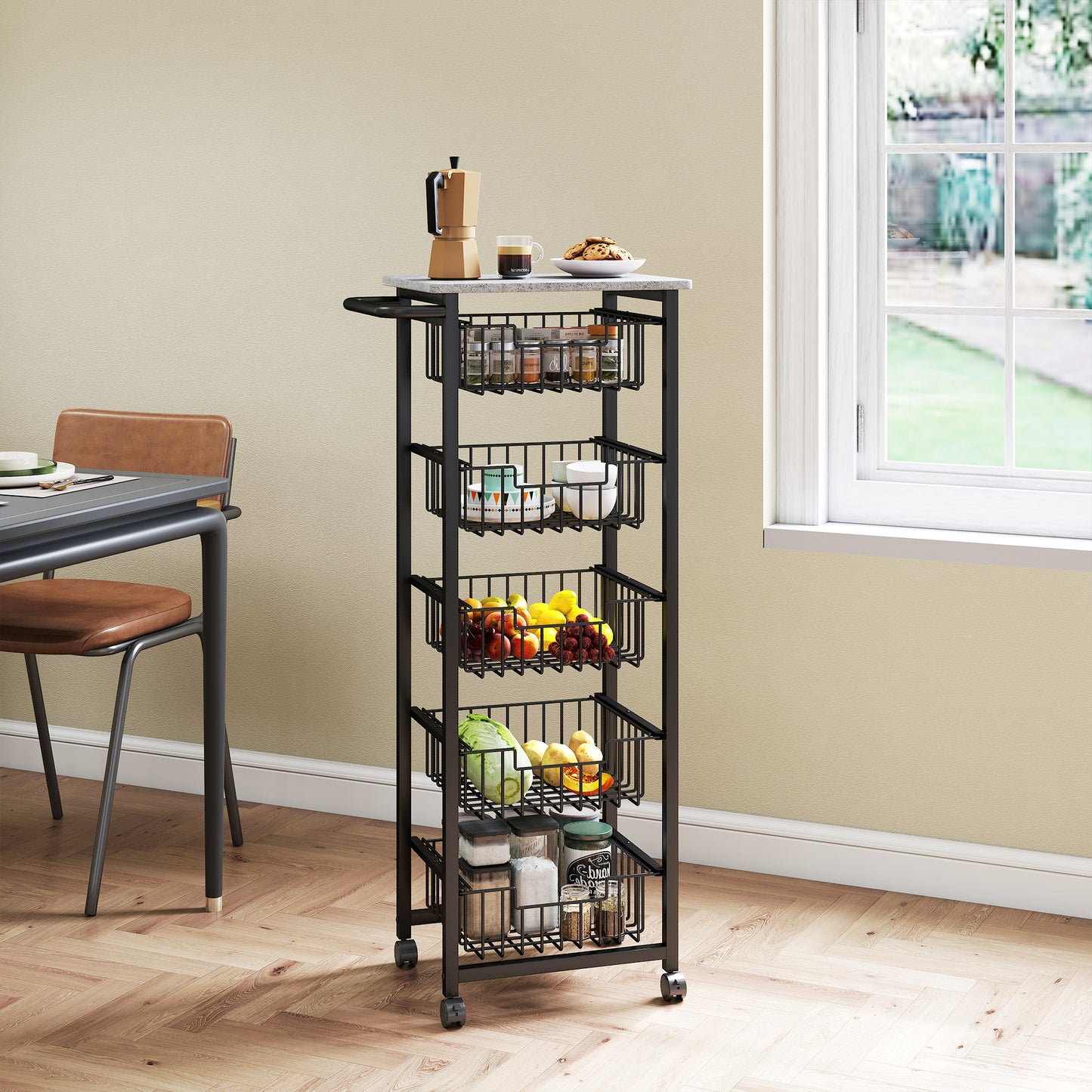 HOMCOM Five Basket Mobile Kitchen Island With Brakes Grey Black Marble Countertop