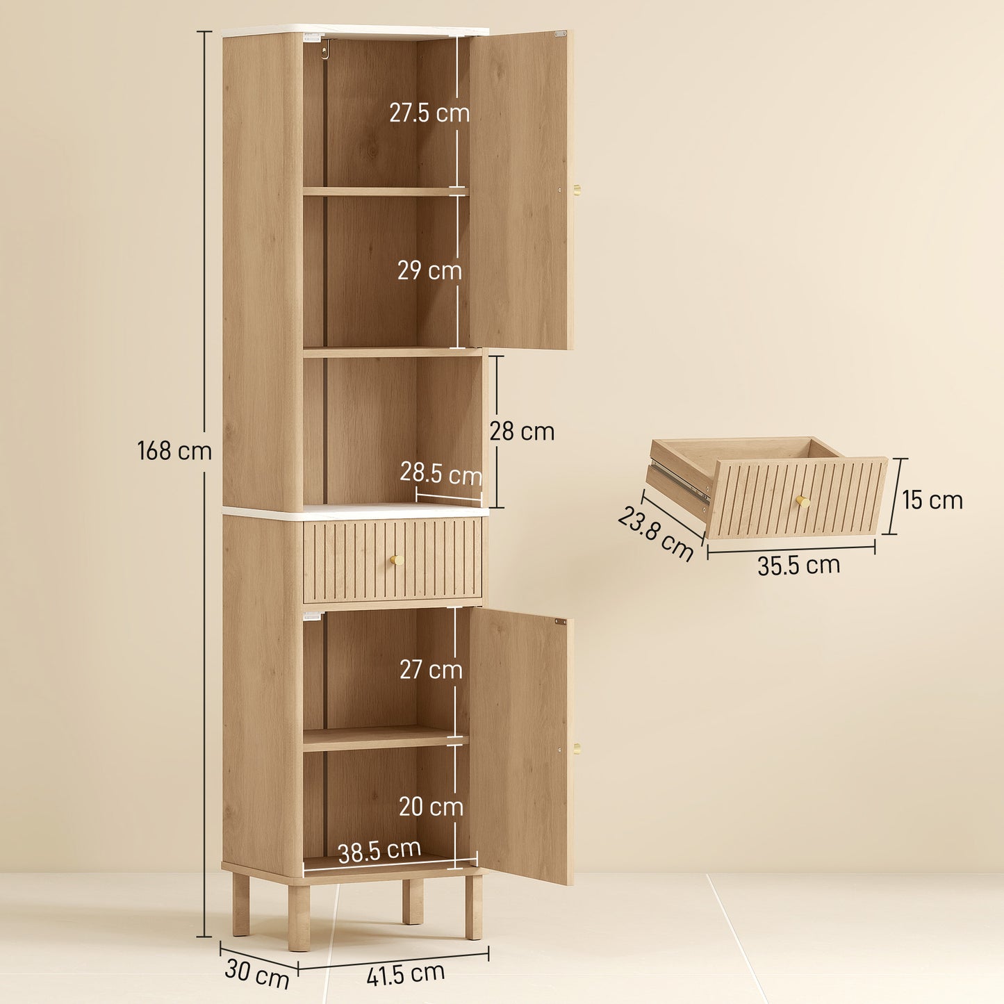 HOMCOM Slim Bathroom Cabinet With Silent Drawer Rail In Wood Finish For Scandinavian Japanese Adjustable Shelves