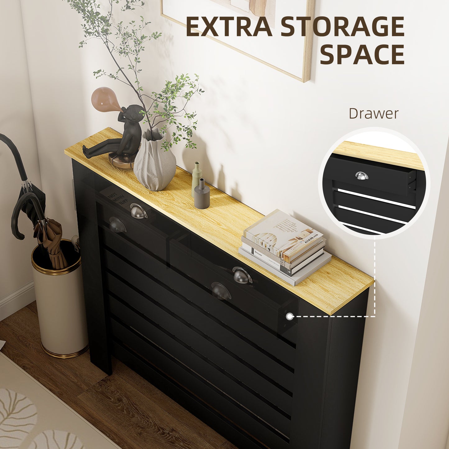HOMCOM Radiator Cover With Drawer Black 95.5H X 111W cm Slim Slatted MDF And Particle Board