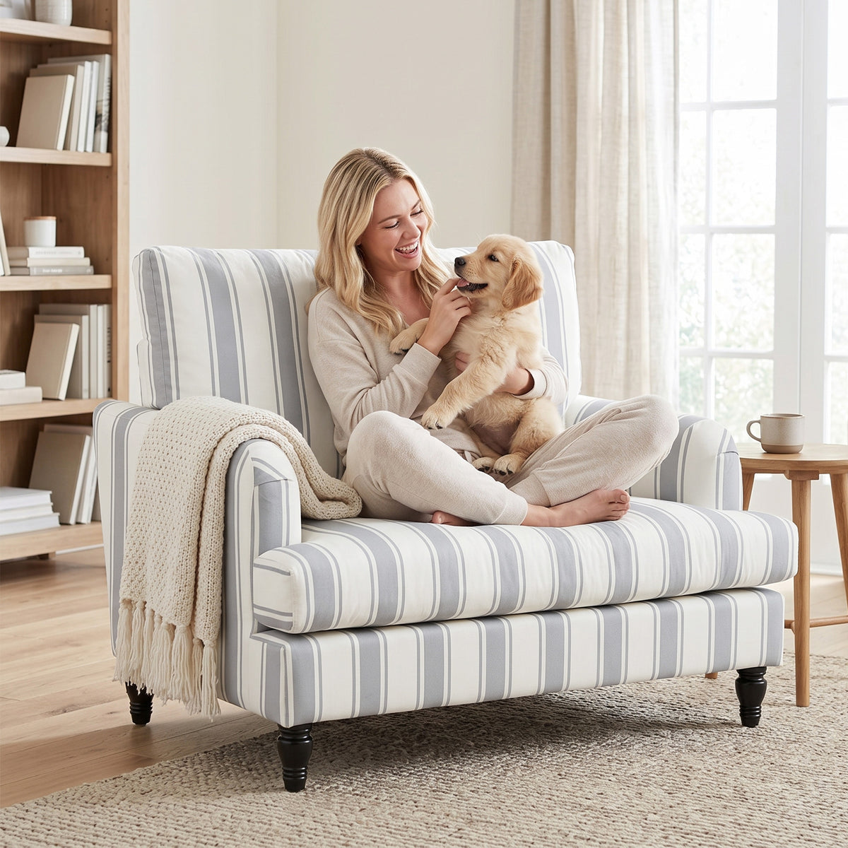 Grey striped velvet armchair with extra-wide seat and dark turned legs