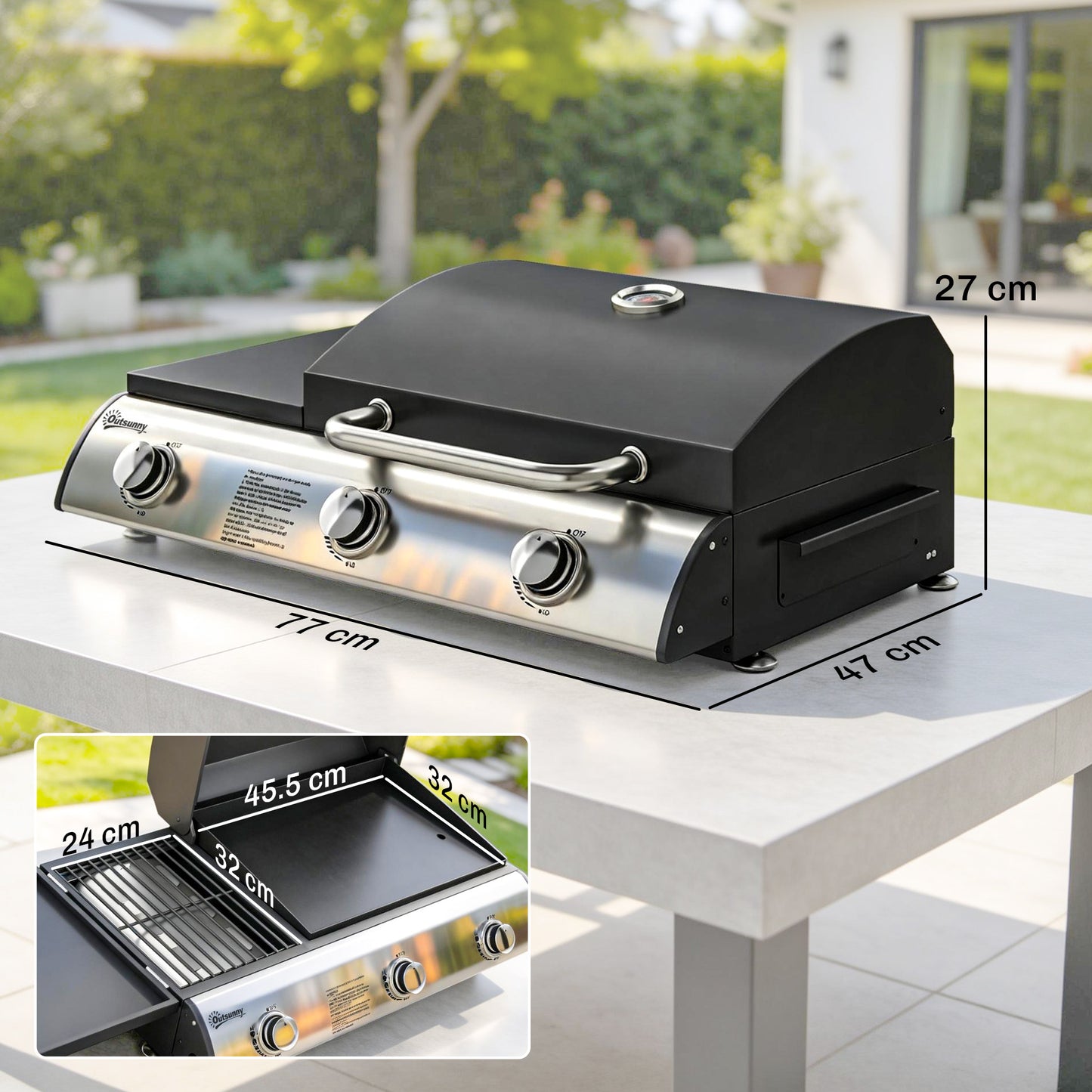Outsunny 3 Burner Portable Gas Plancha Grill With Griddle And Thermometer Seven Point Five Kilowatts Tabletop Black