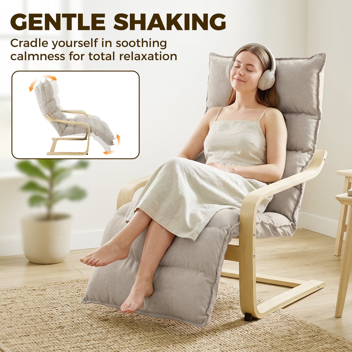 HOMCOM Curved Wooden Accent Armchair With Adjustable Footrest 12cm Padded Seat Velvet Feel Upholstery Light Brown