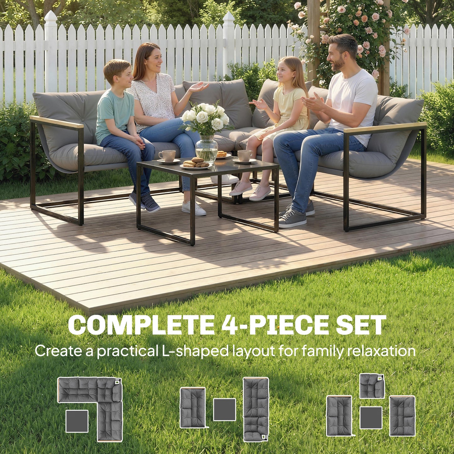 Outsunny 4 Piece Garden Furniture Set With Thick Cushions And Coffee Table For Patio Porch Balcony Deck Grey
