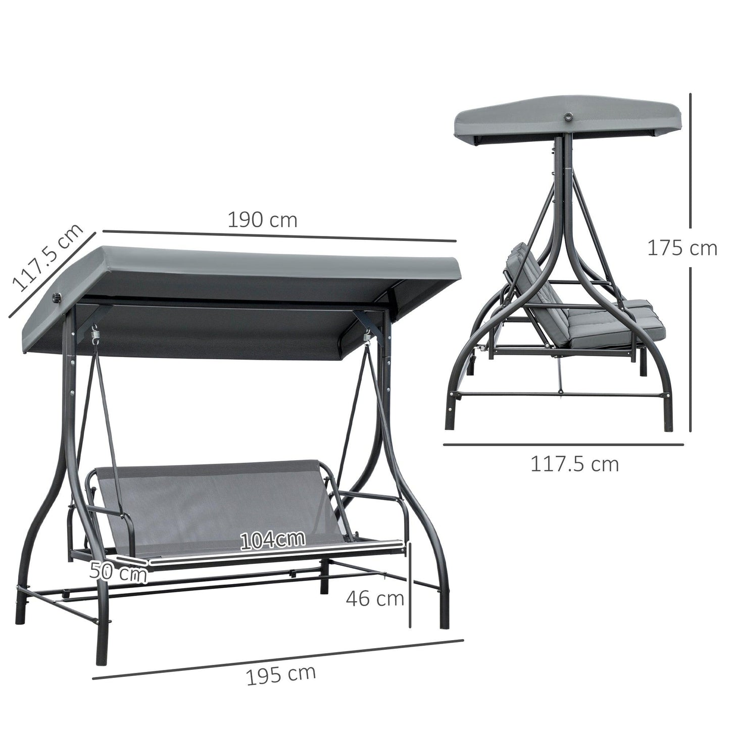 Outsunny 3 Seater Canopy Swing Chair Porch Hammock Bed Rocking Bench Dark Grey - ALL4U RETAILER LTD