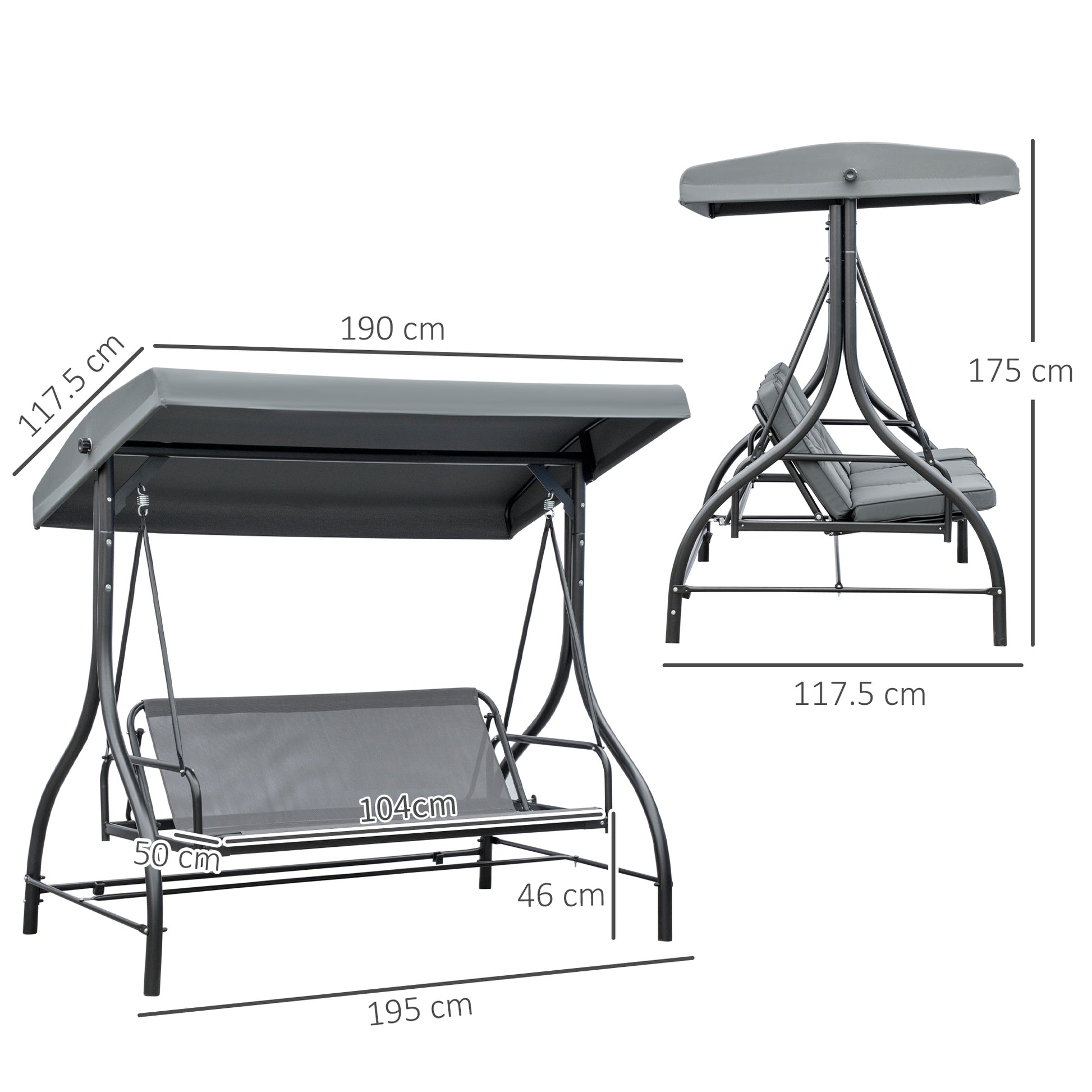 Outsunny 3-Person Adjustable Canopy Swing Bed with Metal Frame in Dark Grey - ALL4U RETAILER LTD