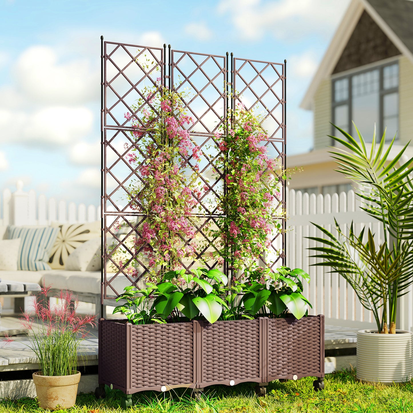 Outsunny Plastic Raised Planter With Trellis And Self Watering System On Wheels With Drainage Holes And Plugs