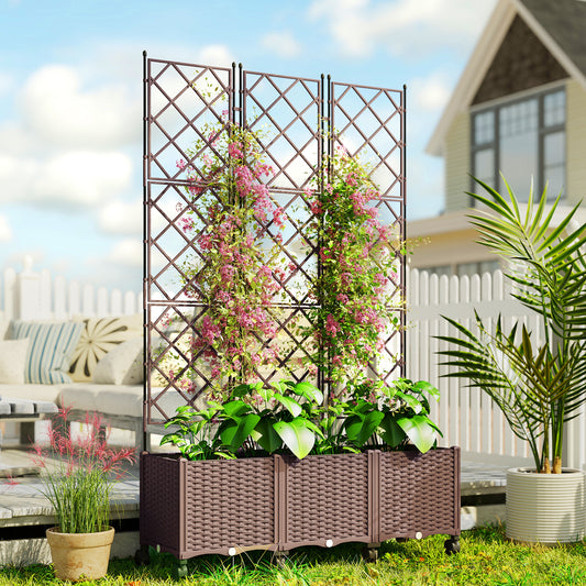Outsunny Plastic Raised Planter With Trellis And Self Watering System On Wheels With Drainage Holes And Plugs