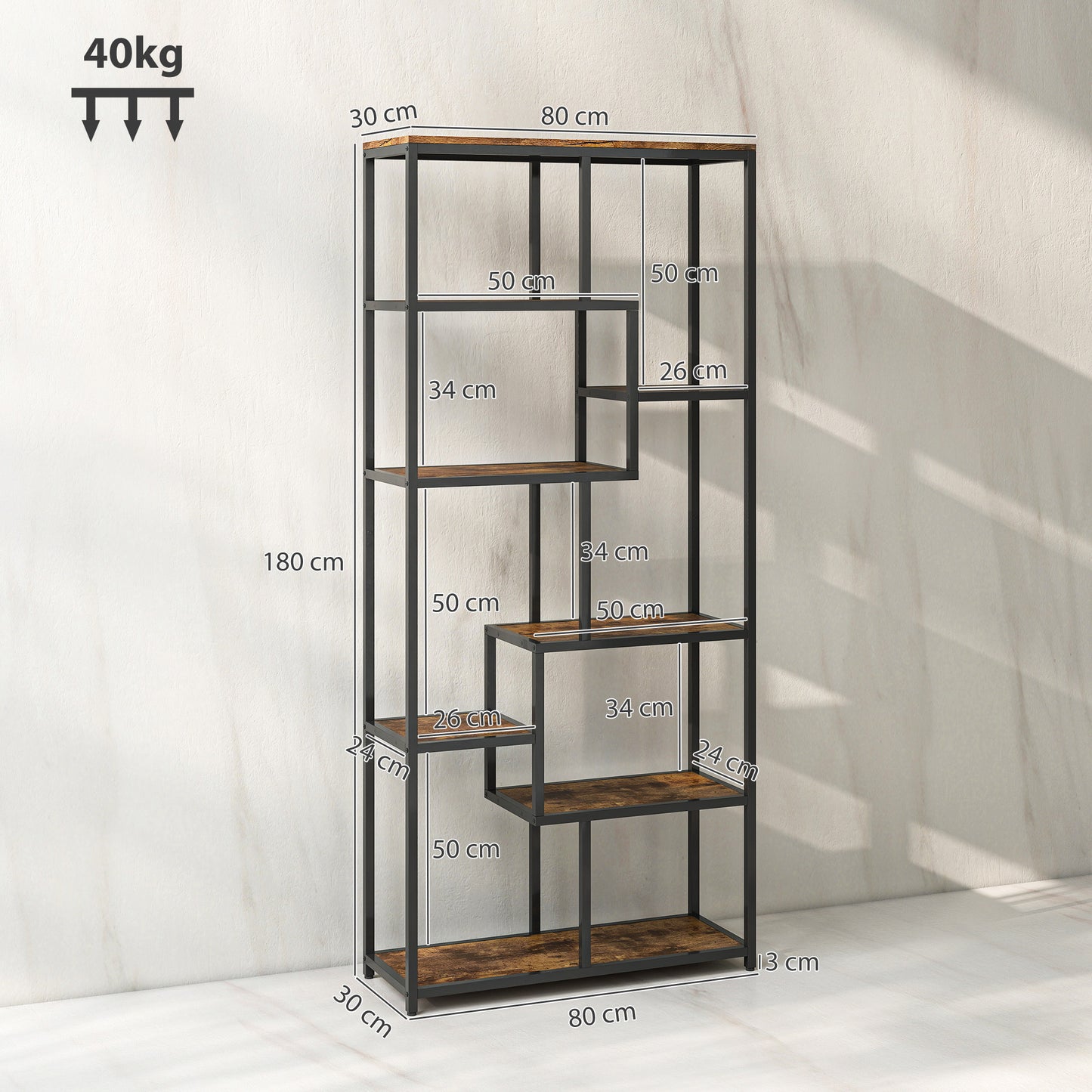 HOMCOM Seven Tier Geometric Bookcase Brown And Black Metal Frame Shelving Unit For Display