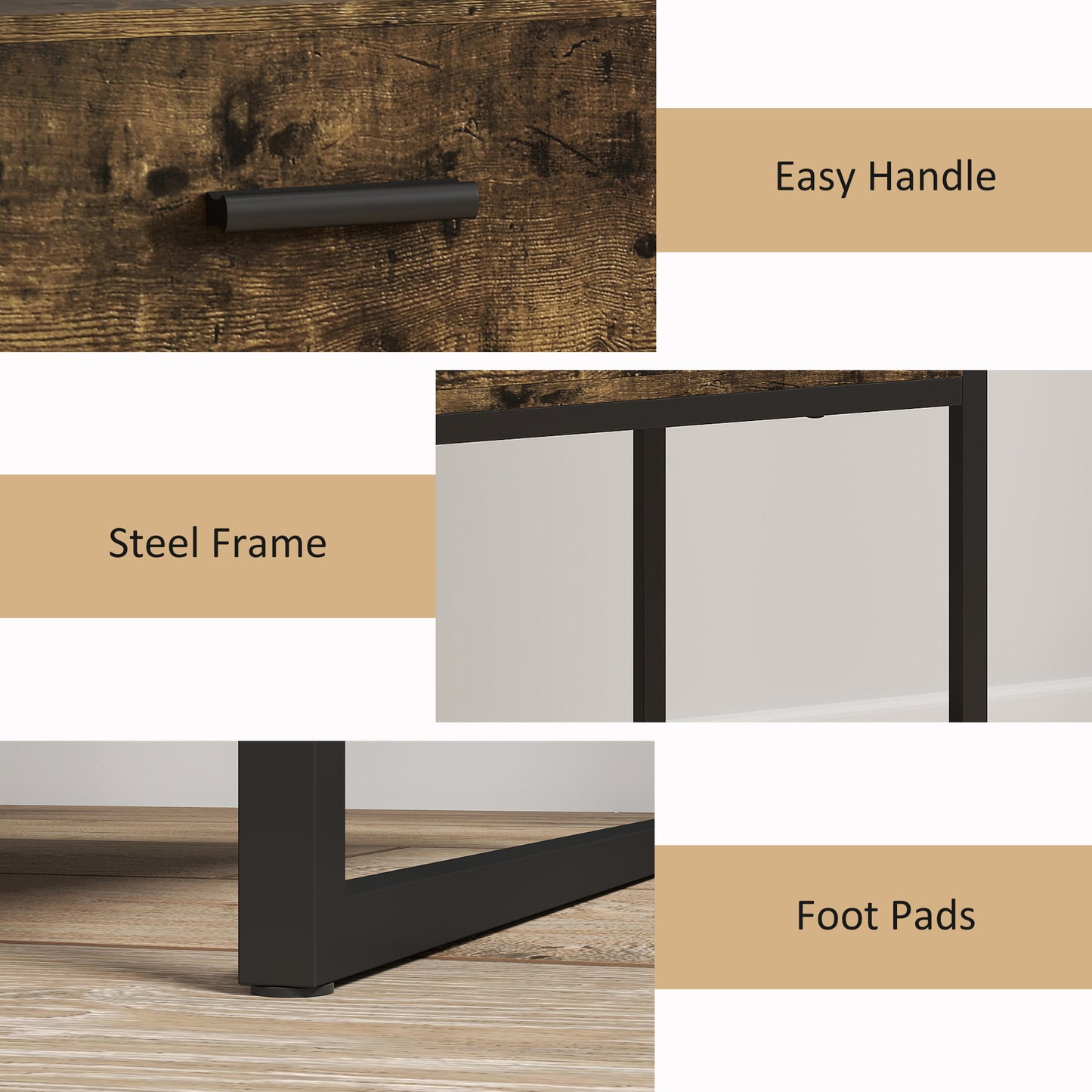 HOMCOM Modern Bedside Table With Drawer And Shelf In Rustic Brown And Black Frame