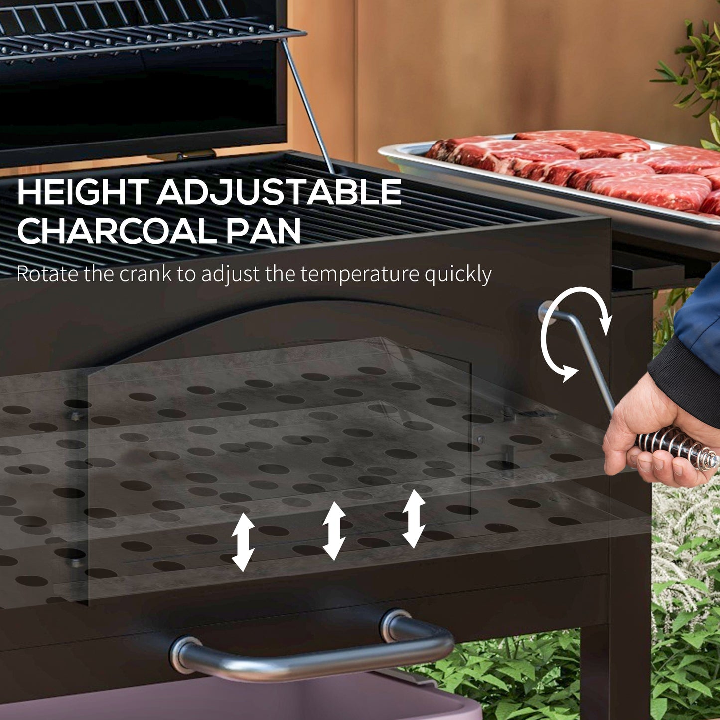 Outsunny Adjustable Height Charcoal Barbecue Grill Smoker Trolley with Thermometer, Wheels and Shelves - Portable BBQ for Outdoor Cooking - ALL4U RETAILER LTD