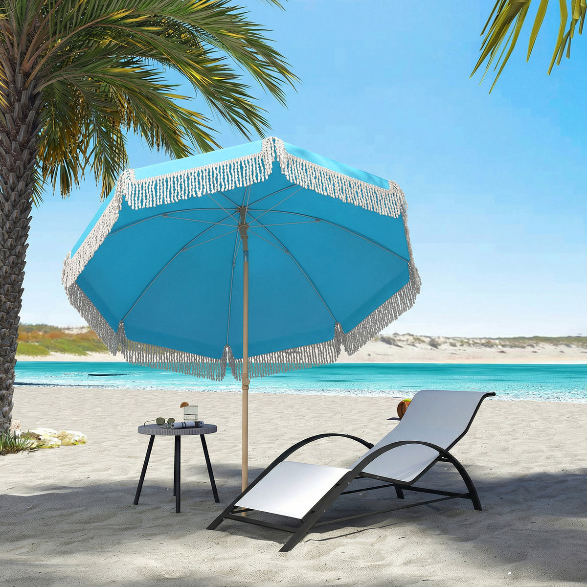 Blue beach umbrella with white fringe canopy, wooden pole, sand anchor base